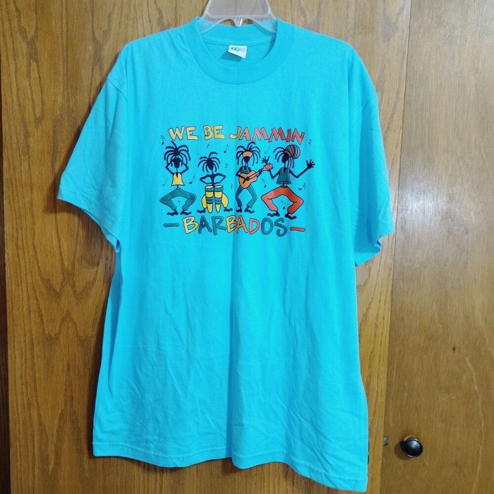 Vintage We Be Jammin Reggae Barbados Cartoon T Shirt XL Teal Island Fever Tee EC